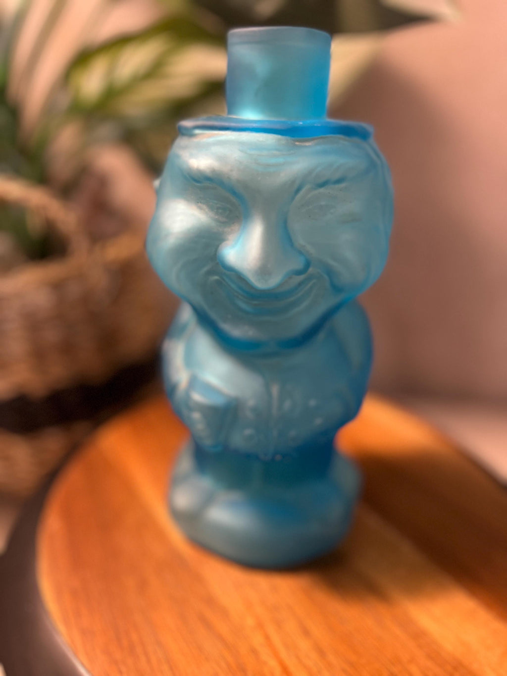 Vintage Satin Blue Frosted Jolly Mountaineer Decanter by Indiana Glass 1974