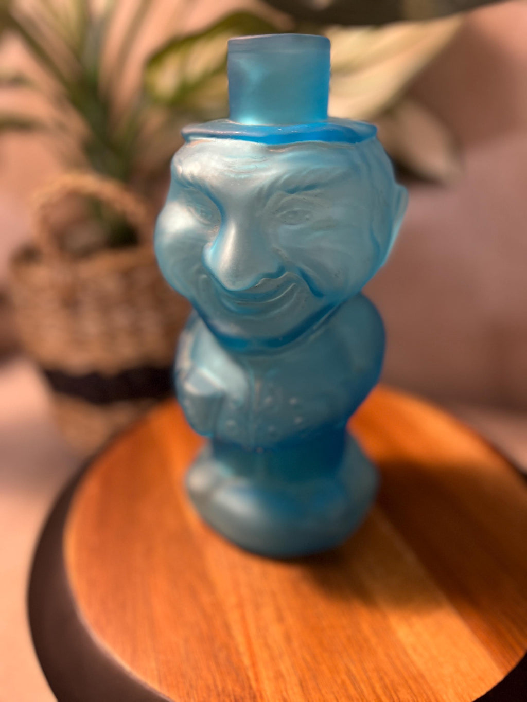 Vintage Satin Blue Frosted Jolly Mountaineer Decanter by Indiana Glass 1974