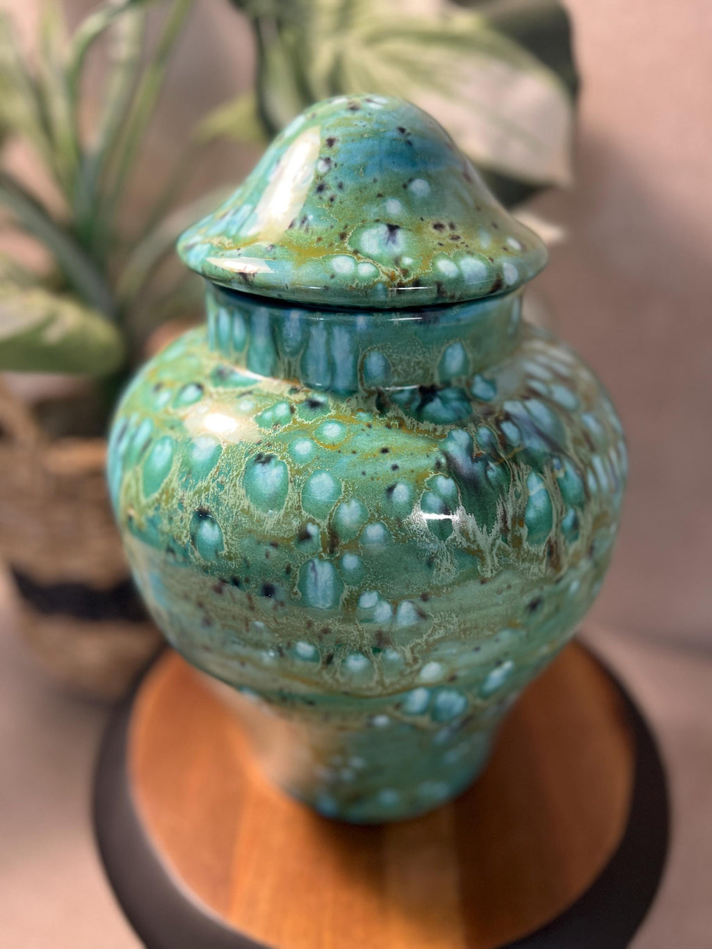 Hand painted by Virginia 1975 signed Green Aqua Vase Jar with Mushroom lid