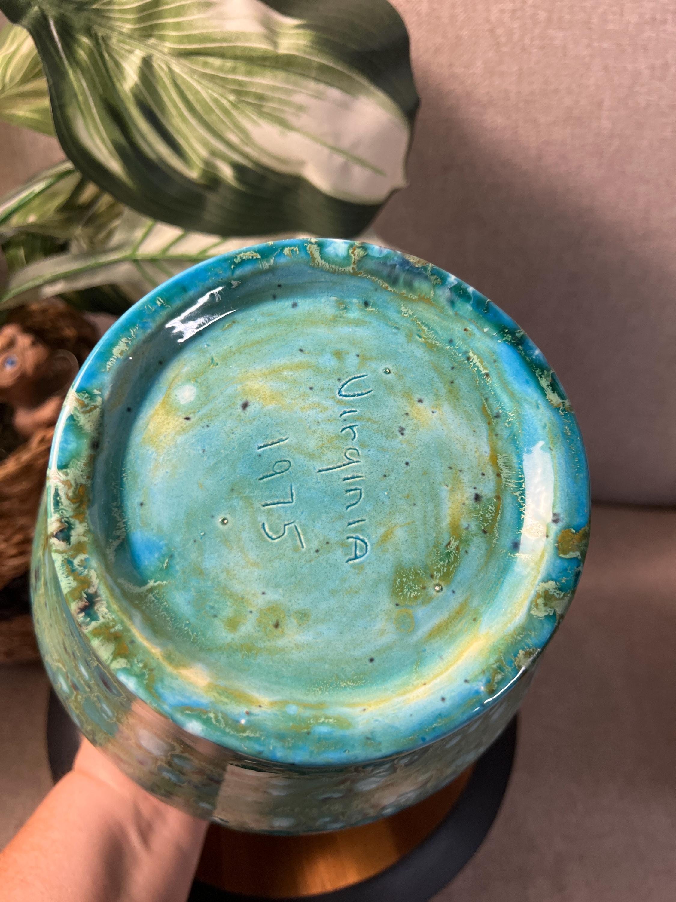 Hand painted by Virginia 1975 signed Green Aqua Vase Jar with Mushroom lid