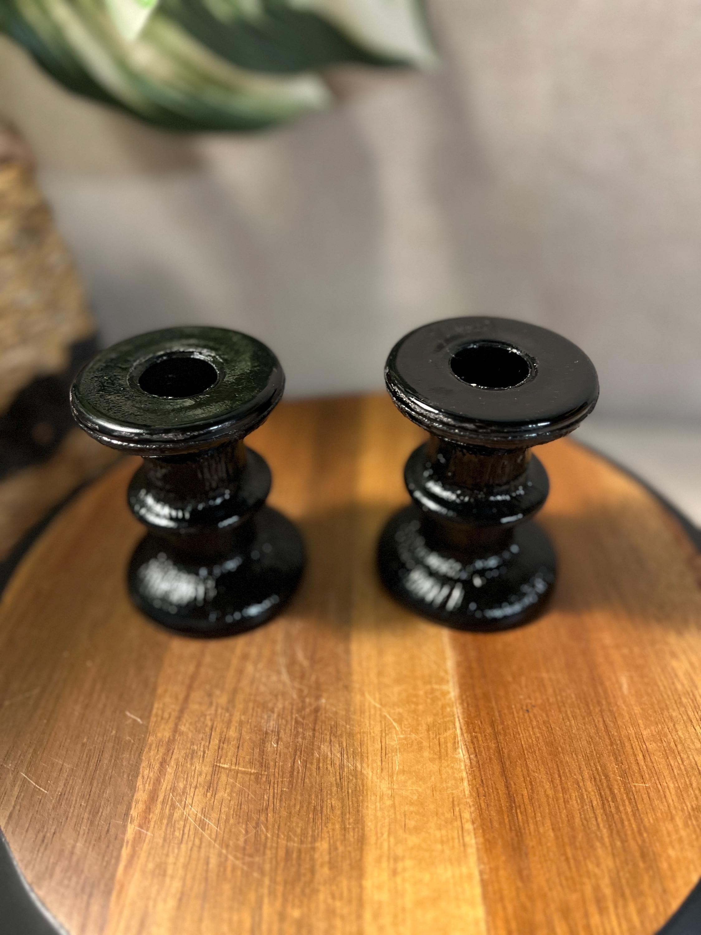 Set of 2 Indiana Glass Ice Tree Bark Candlesticks Black Glass lucites not included