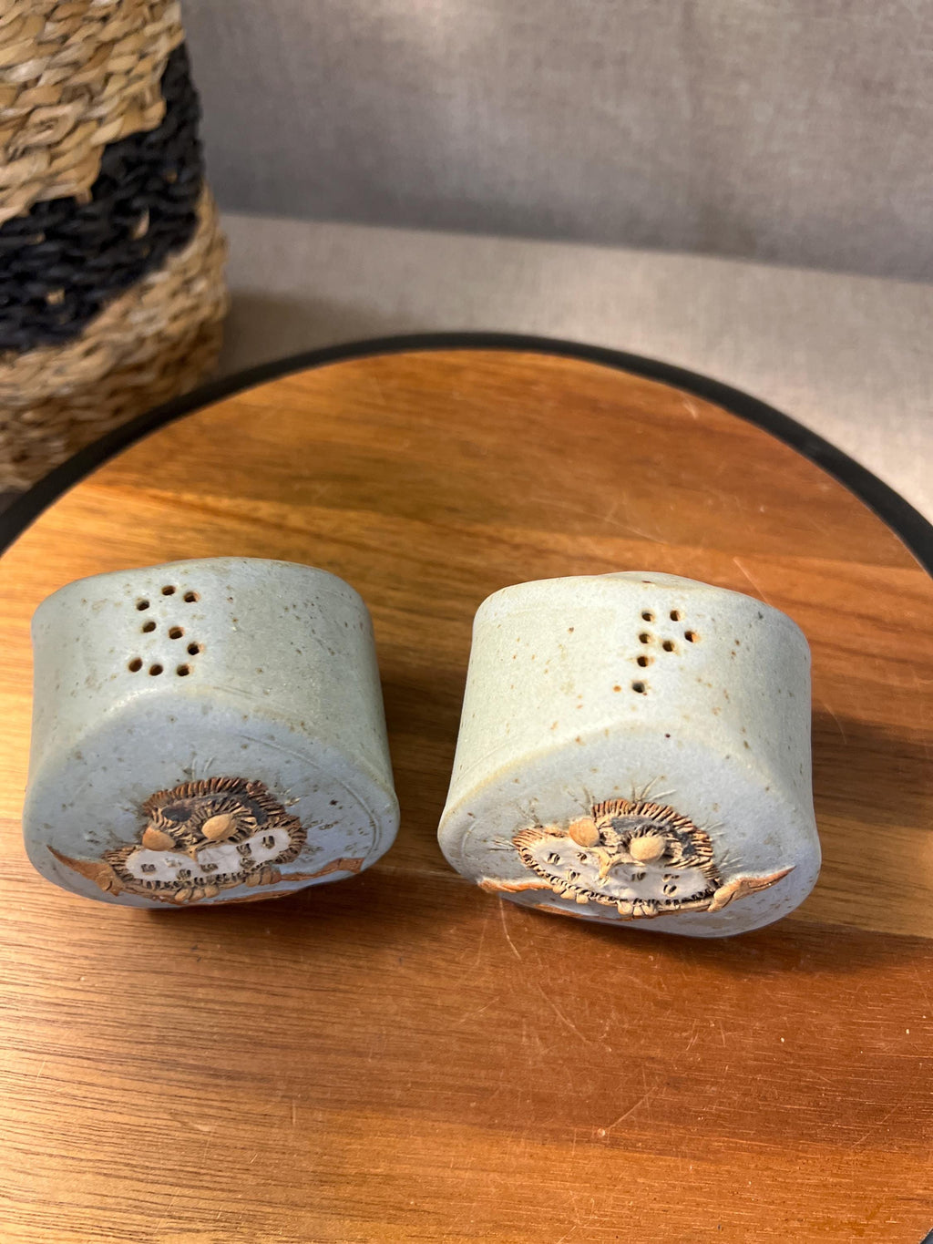 Tami Bier Salt and Pepper Set With Bird Signed and dated 88