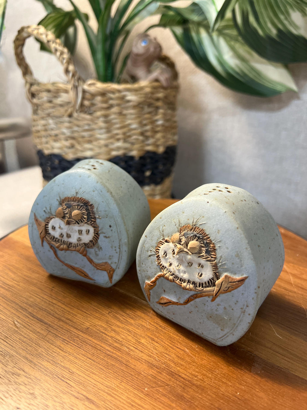 Tami Bier Salt and Pepper Set With Bird Signed and dated 88