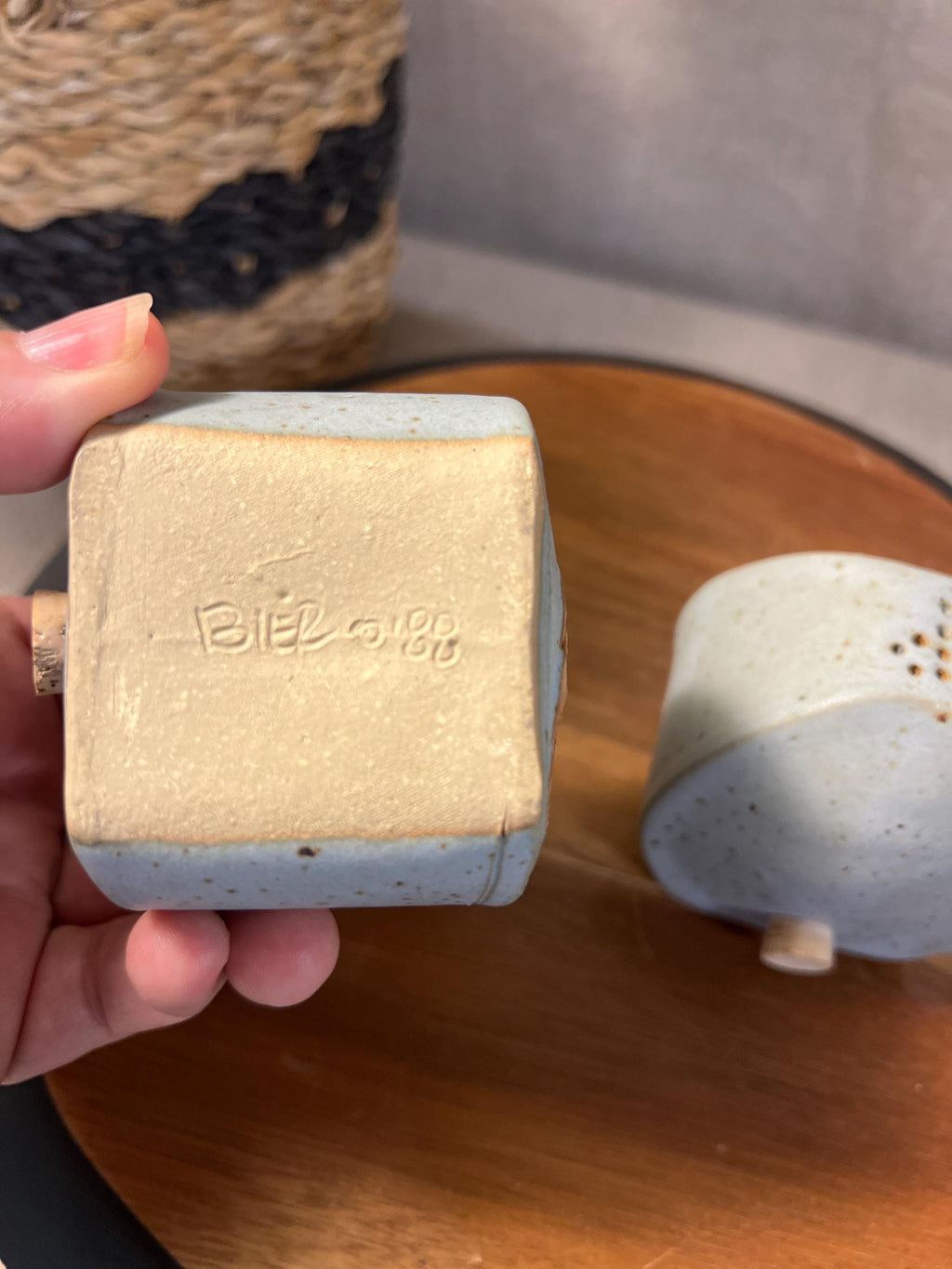 Tami Bier Salt and Pepper Set With Bird Signed and dated 88