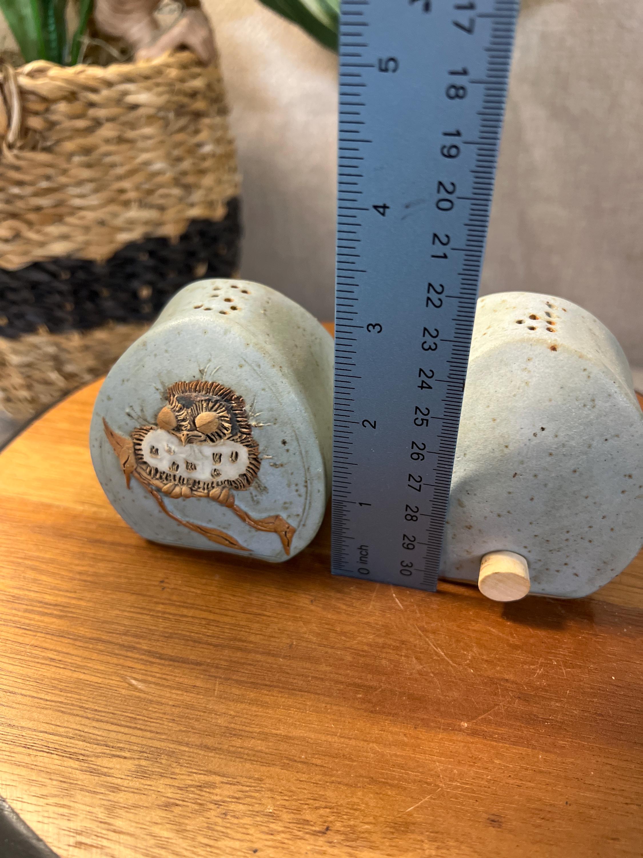 Tami Bier Salt and Pepper Set With Bird Signed and dated 88