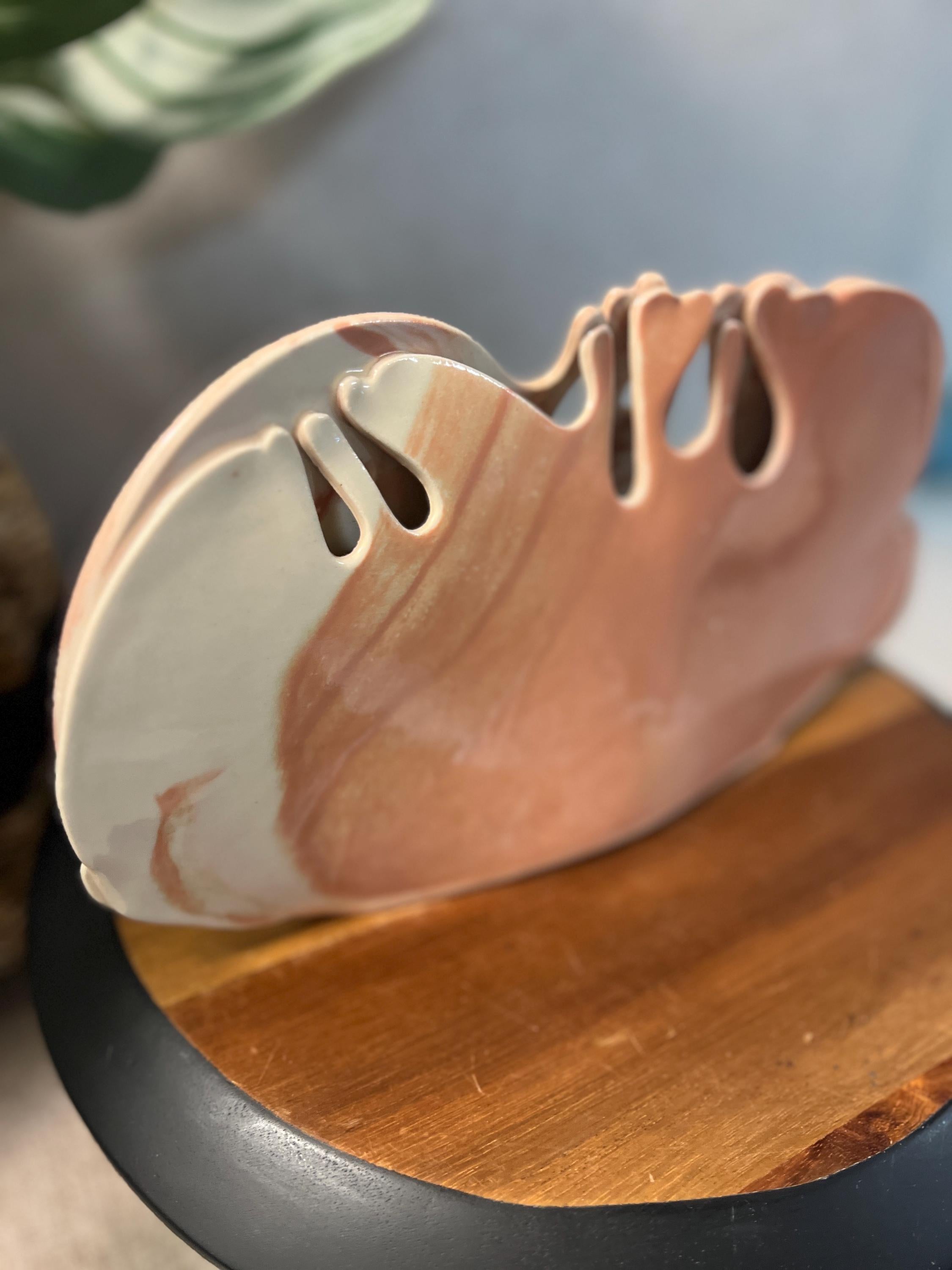 Vintage Carolyn Leung Biomorphic Post Modern Ceramic Pink and White Marble Glaze Vase