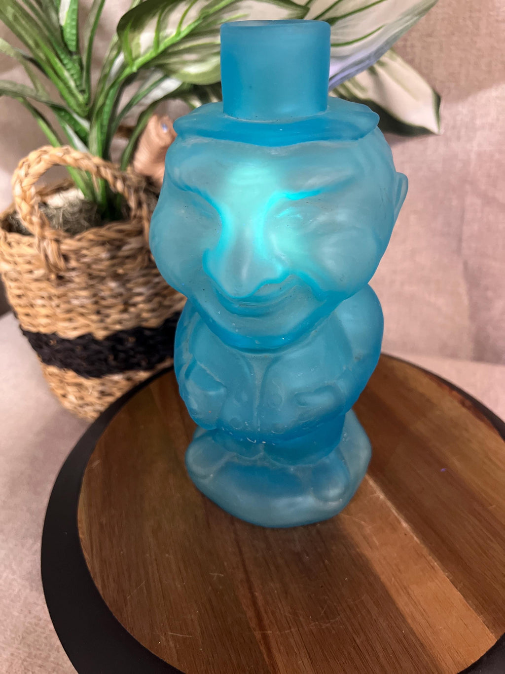 Vintage Satin Blue Frosted Jolly Mountaineer Decanter by Indiana Glass 1974