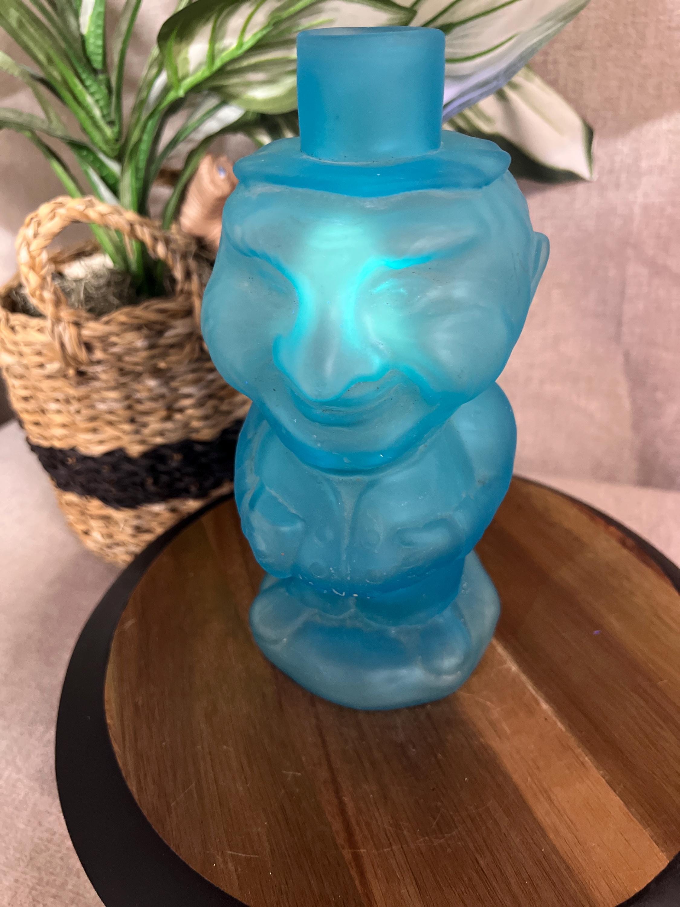 Vintage Satin Blue Frosted Jolly Mountaineer Decanter by Indiana Glass 1974