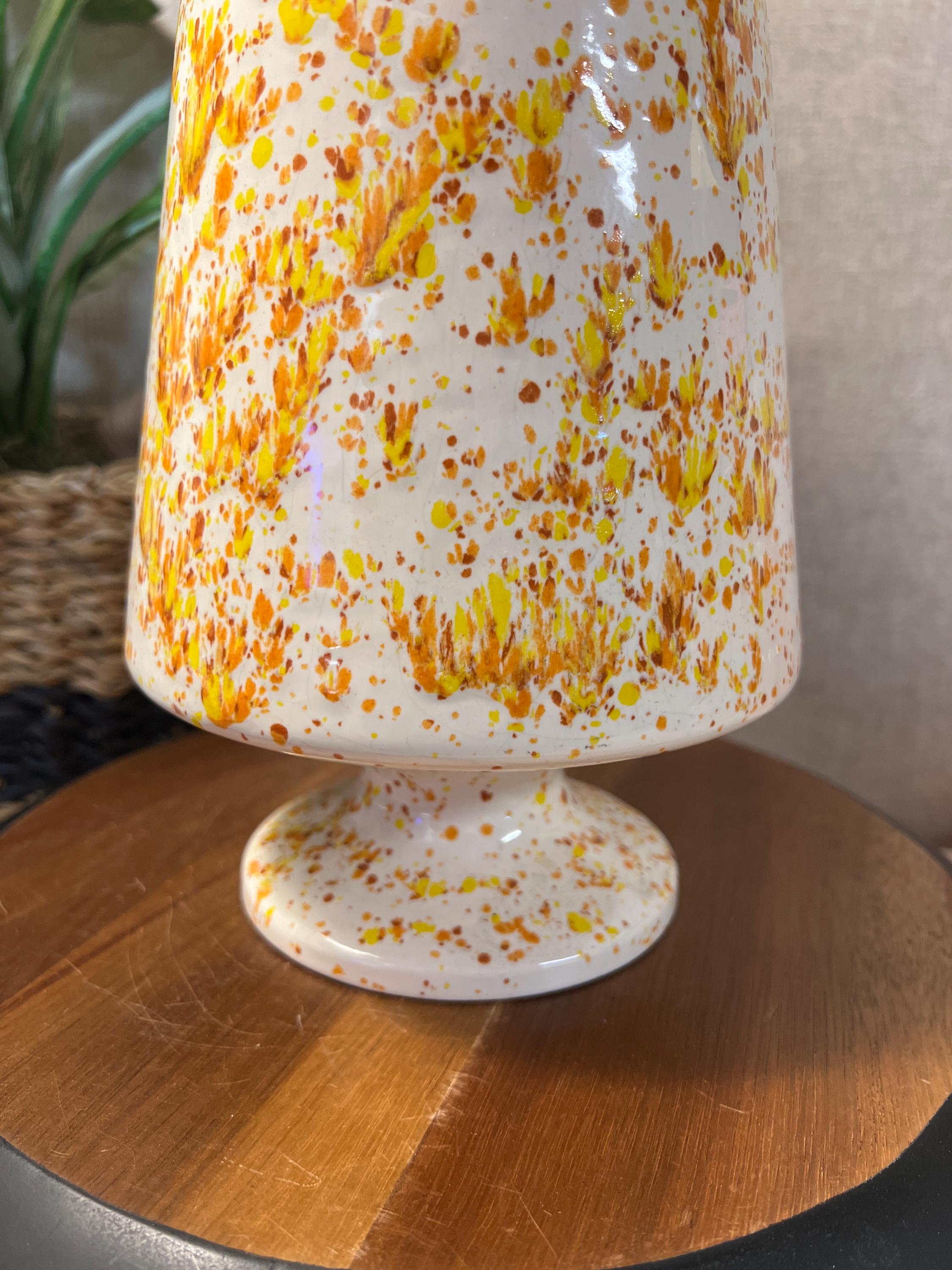 Ceramic Vase  orange brown Drip Sponge Splatter retro handmade