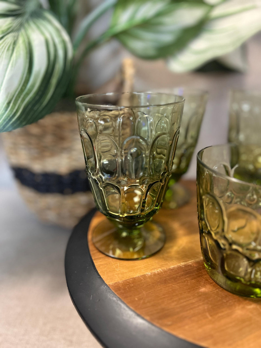 VTG Four Fostoria Mesa Amber Water Goblets Pedestal Base and One juice glass Etched Fostoria