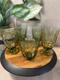 VTG Four Fostoria Mesa Amber Water Goblets Pedestal Base and One juice glass Etched Fostoria