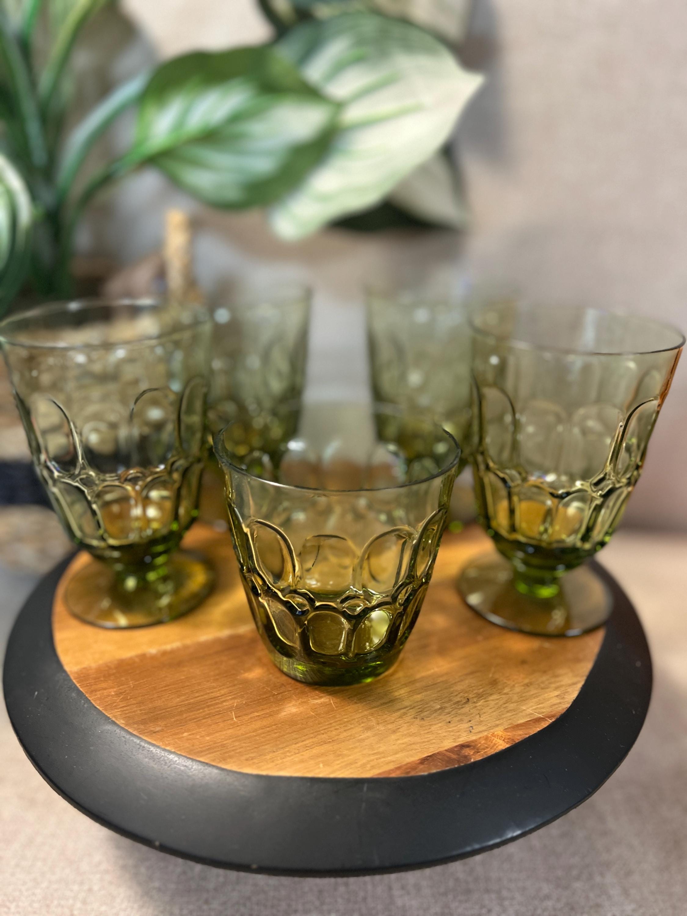 VTG Four Fostoria Mesa Amber Water Goblets Pedestal Base and One juice glass Etched Fostoria
