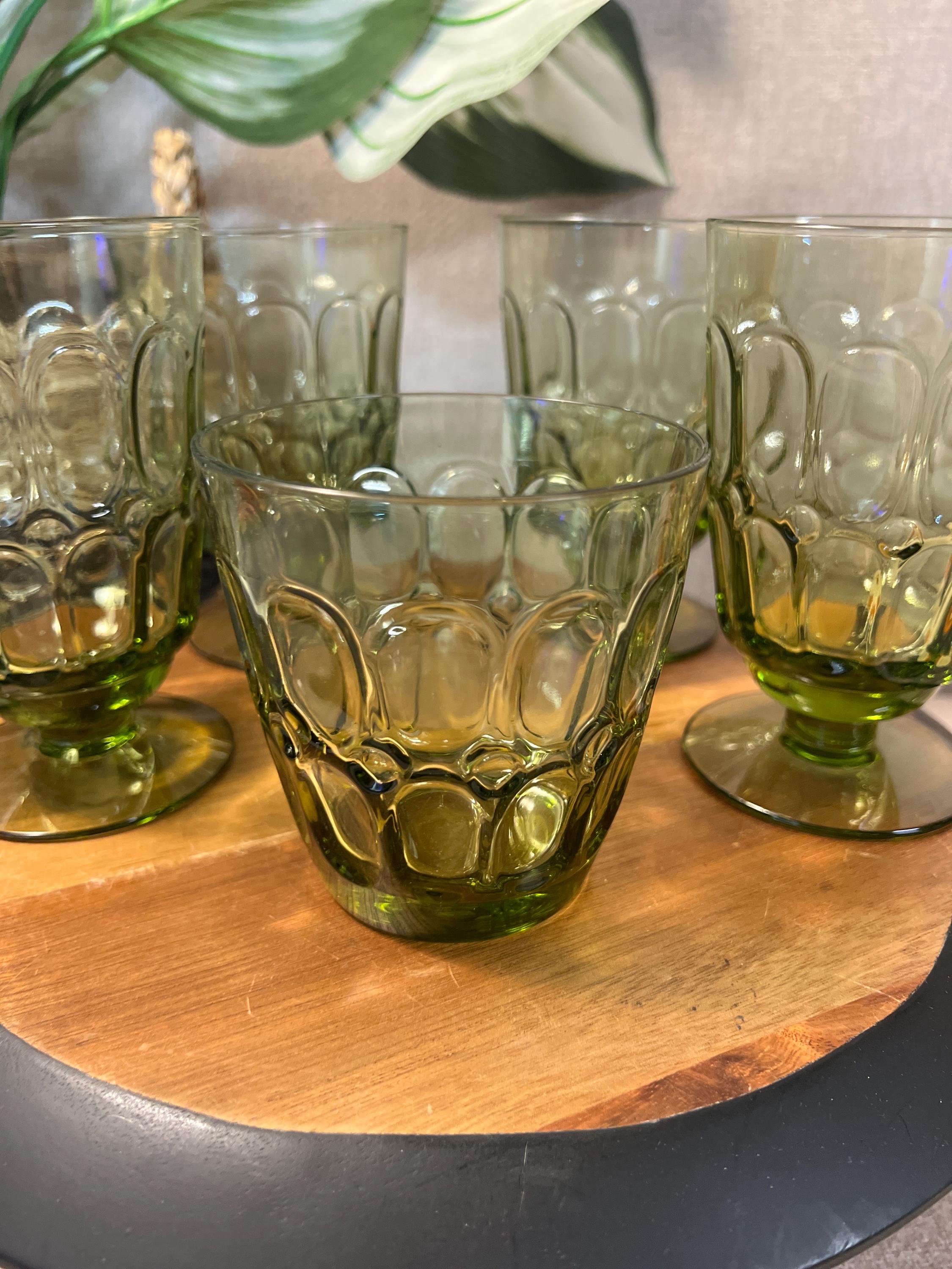VTG Four Fostoria Mesa Amber Water Goblets Pedestal Base and One juice glass Etched Fostoria