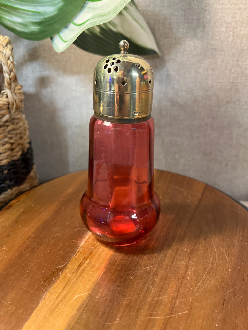 Antique Cranberry Glass Sugar Shaker Muffineer  With Top