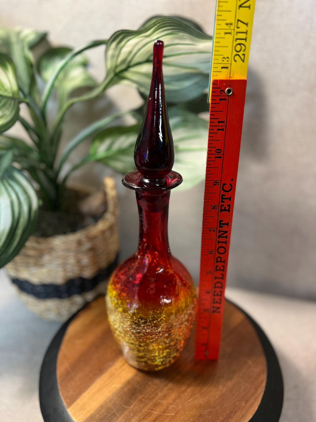 Pilgrim #23 - Ruby Orange Tangerine Flame Crackle Glass Decanter
