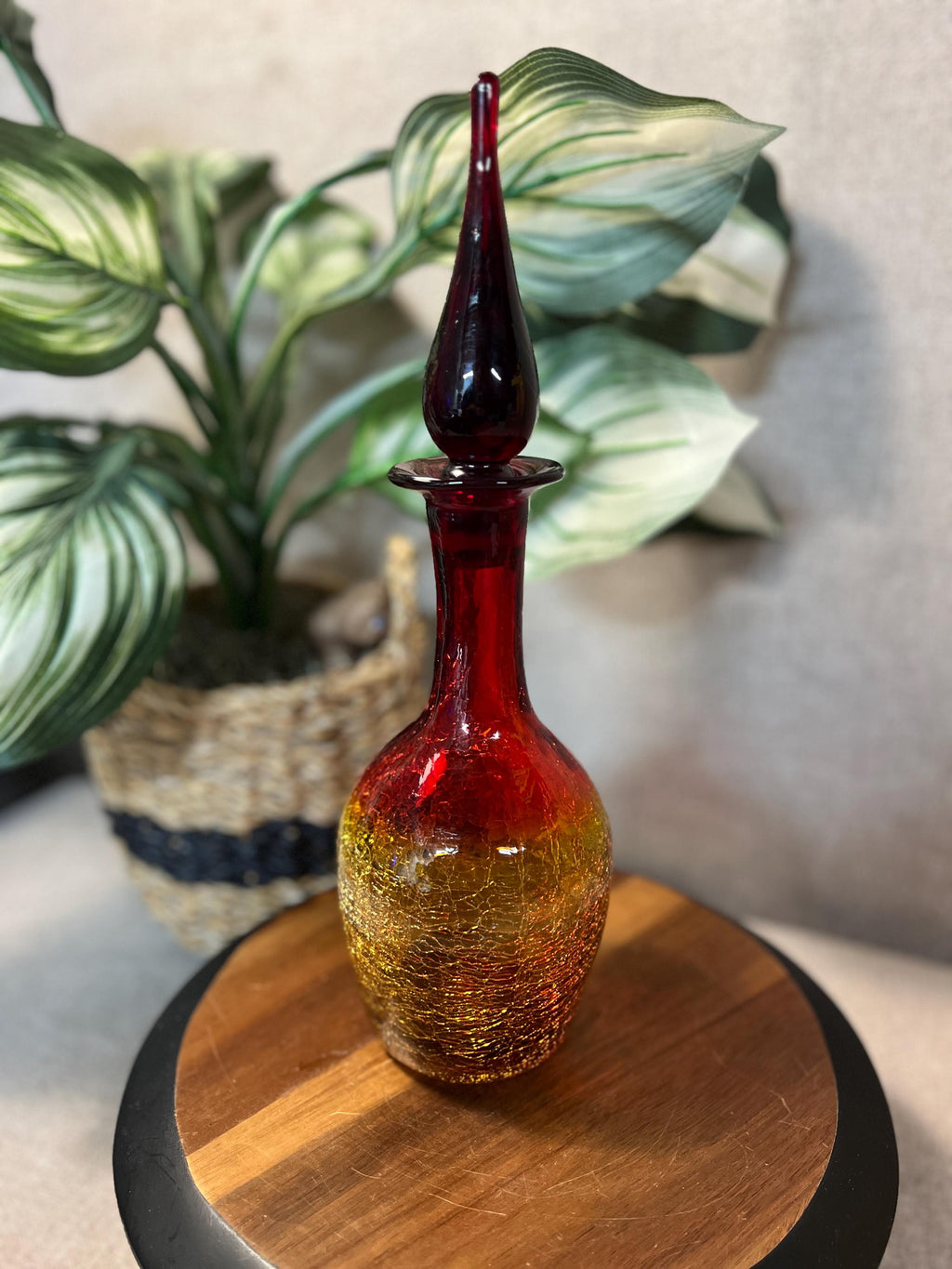 Pilgrim #23 - Ruby Orange Tangerine Flame Crackle Glass Decanter