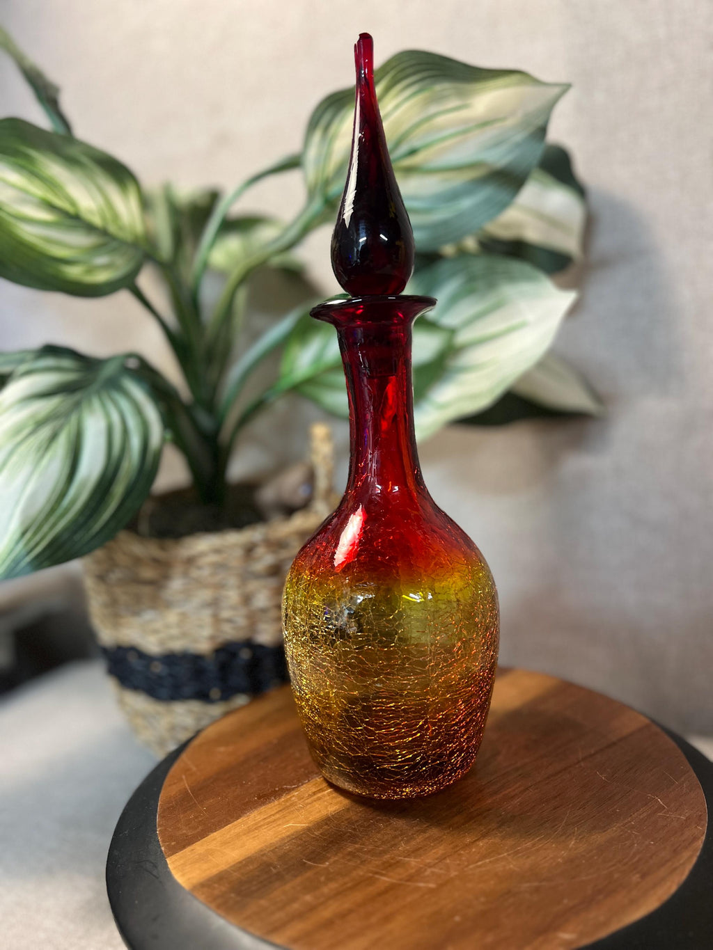 Pilgrim #23 - Ruby Orange Tangerine Flame Crackle Glass Decanter