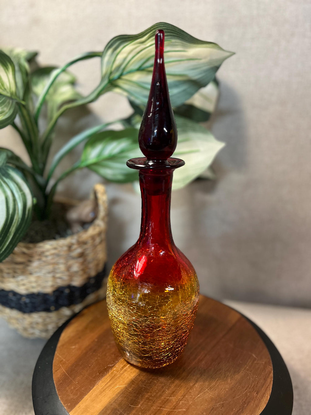 Pilgrim #23 - Ruby Orange Tangerine Flame Crackle Glass Decanter