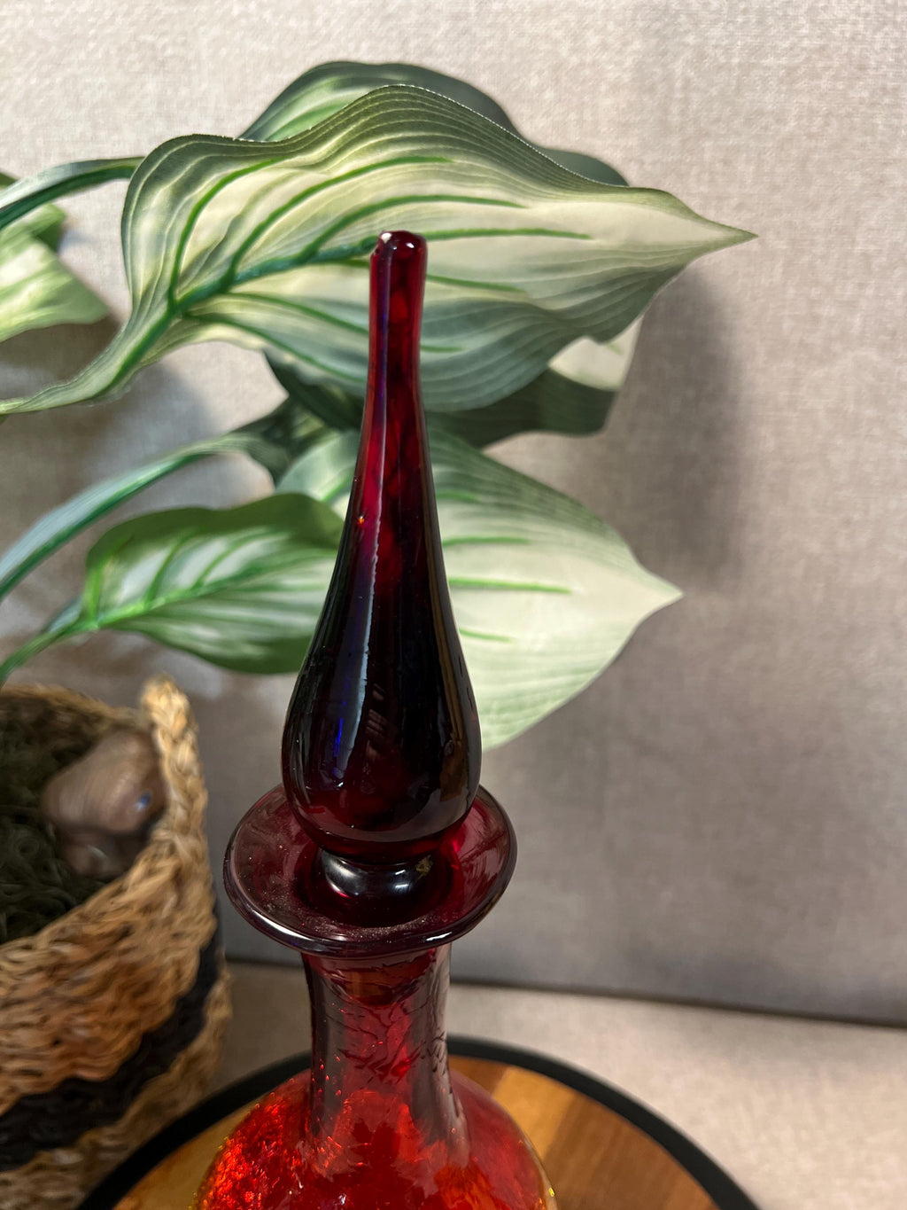 Pilgrim #23 - Ruby Orange Tangerine Flame Crackle Glass Decanter