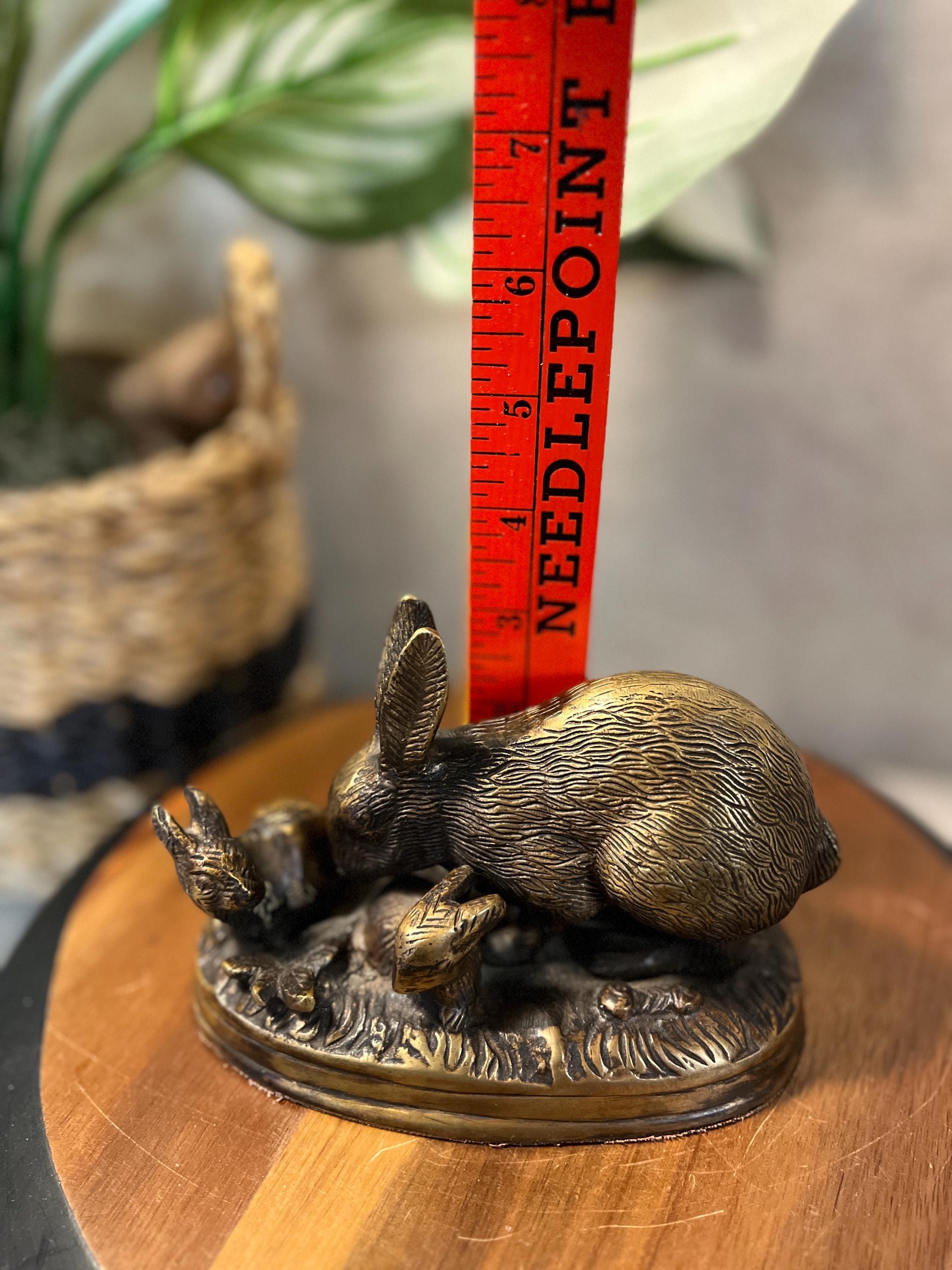 Vintage Brass Rabbit Mother Babies Bunny Brass Paperweight