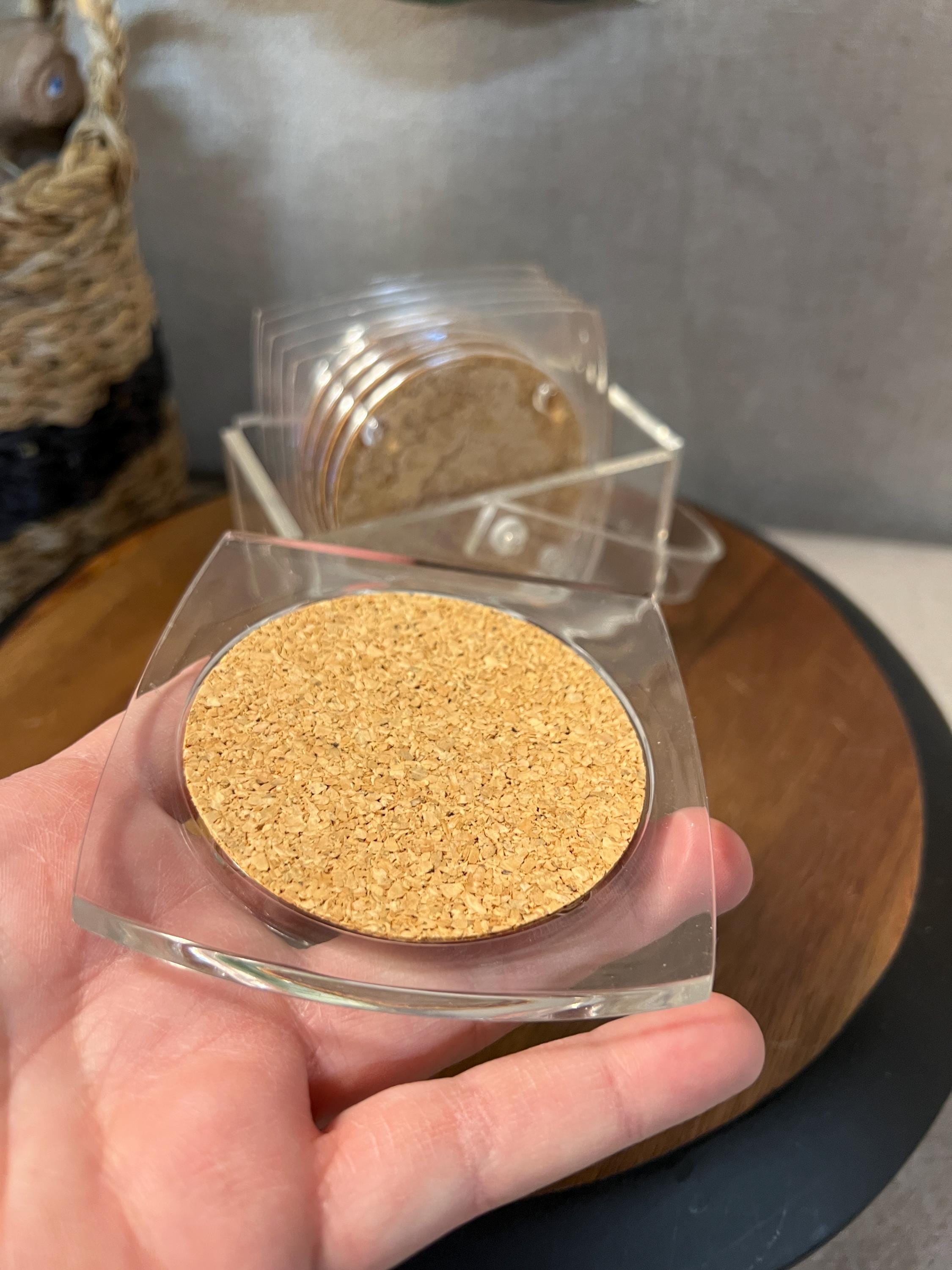 Vintage Mid Century Clear Lucite Coasters with Cork  & Caddy~Set of 6 Coasters