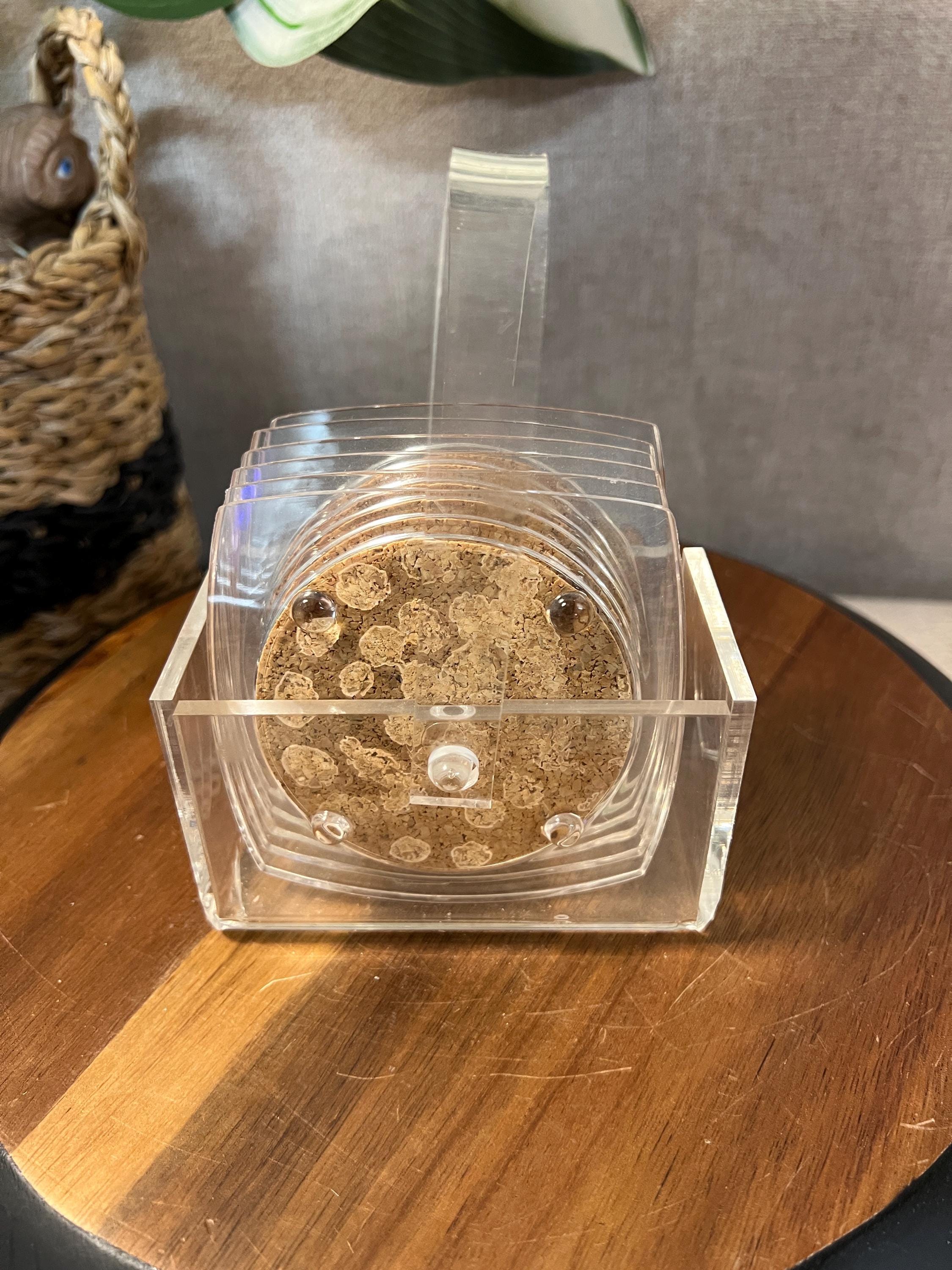 Vintage Mid Century Clear Lucite Coasters with Cork  & Caddy~Set of 6 Coasters