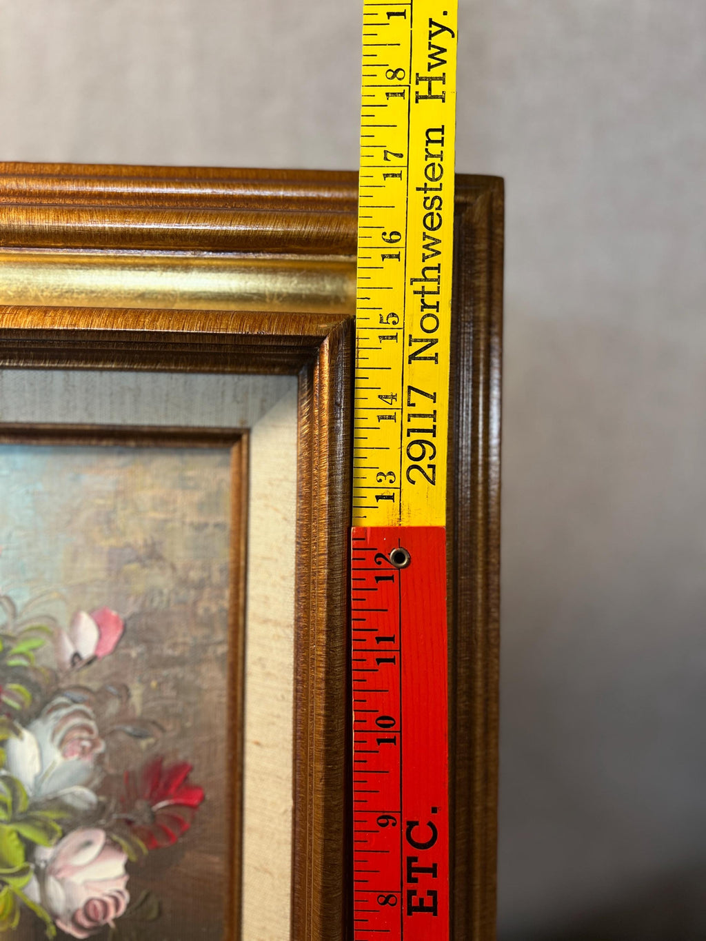 Vintage FRAMED SIGNED PINK and Red Flowers Iin Gold Tone Frame 15x17