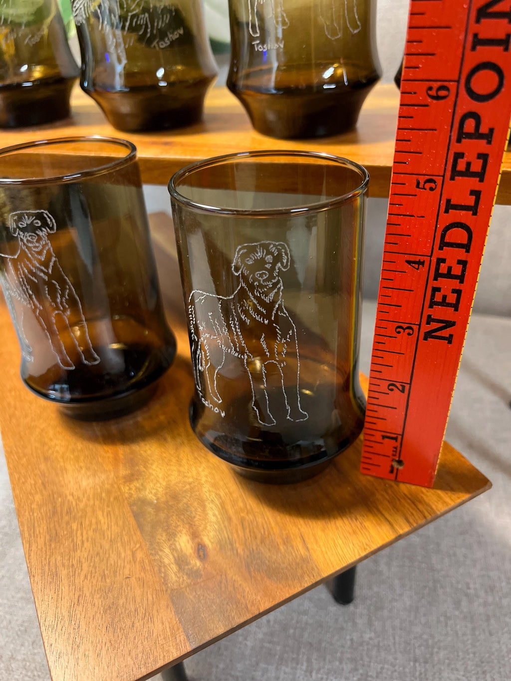 Smoke Brown VTG Libby Glasses With Etched Wolf Hound on all