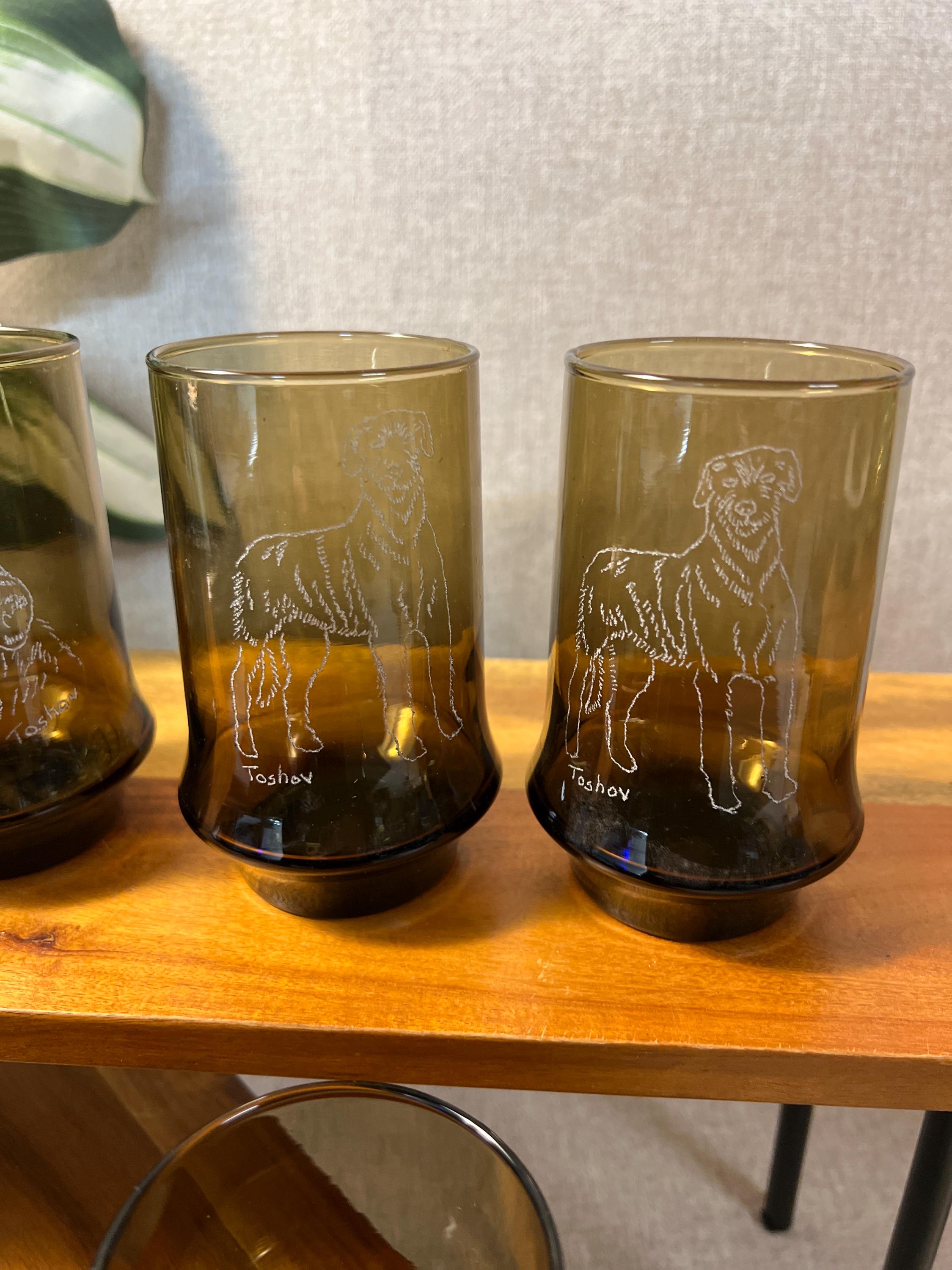 Smoke Brown VTG Libby Glasses With Etched Wolf Hound on all