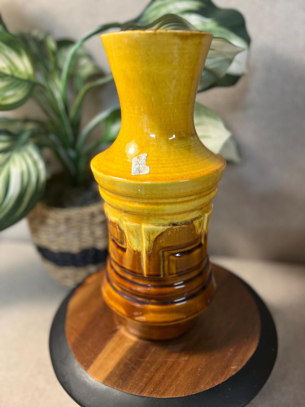 Vintage Royal Haeger Yellow and Brown Drip Glaze Vase