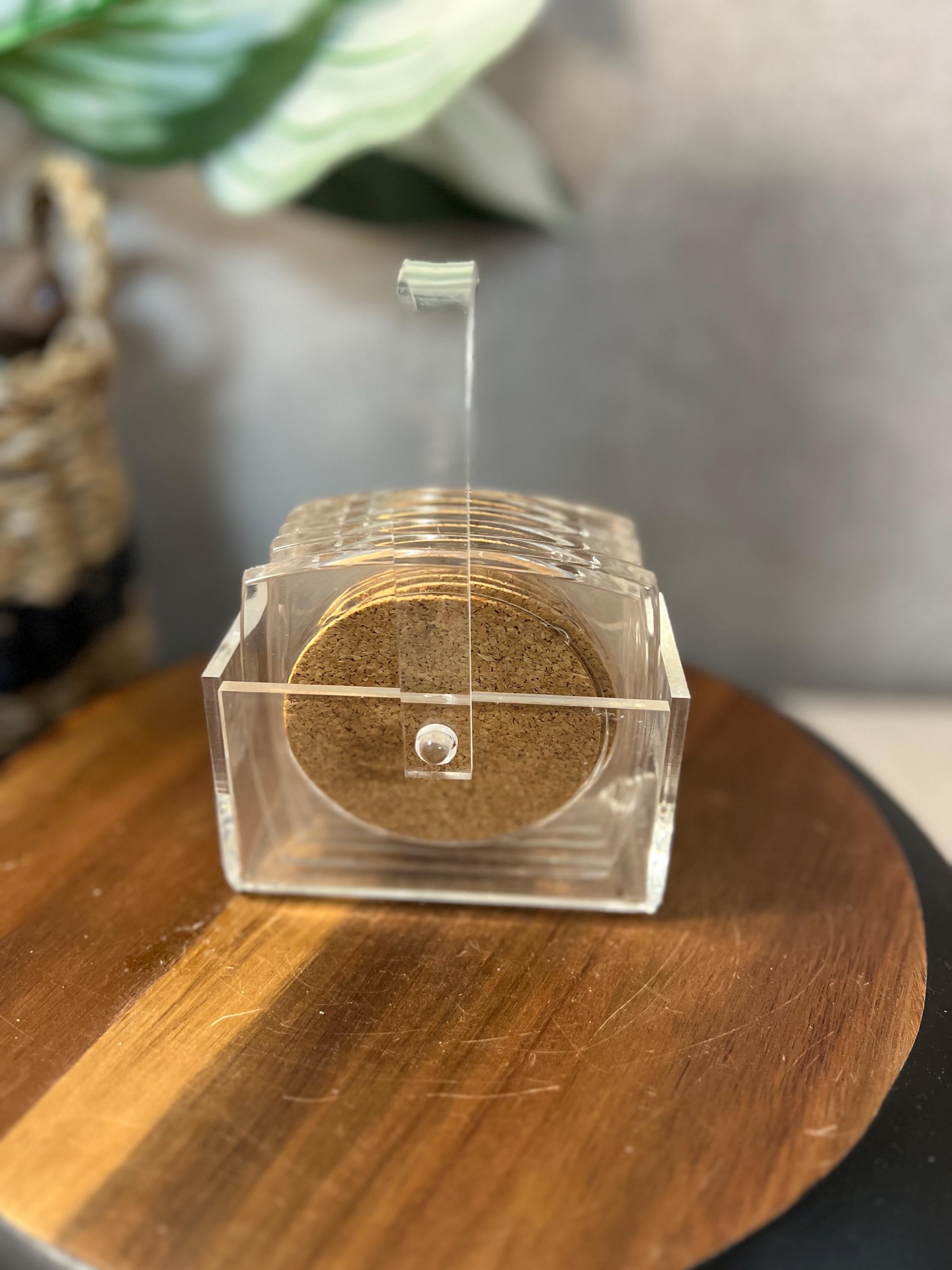 Vintage Mid Century Clear Lucite Coasters with Cork  & Caddy~Set of 6 Coasters