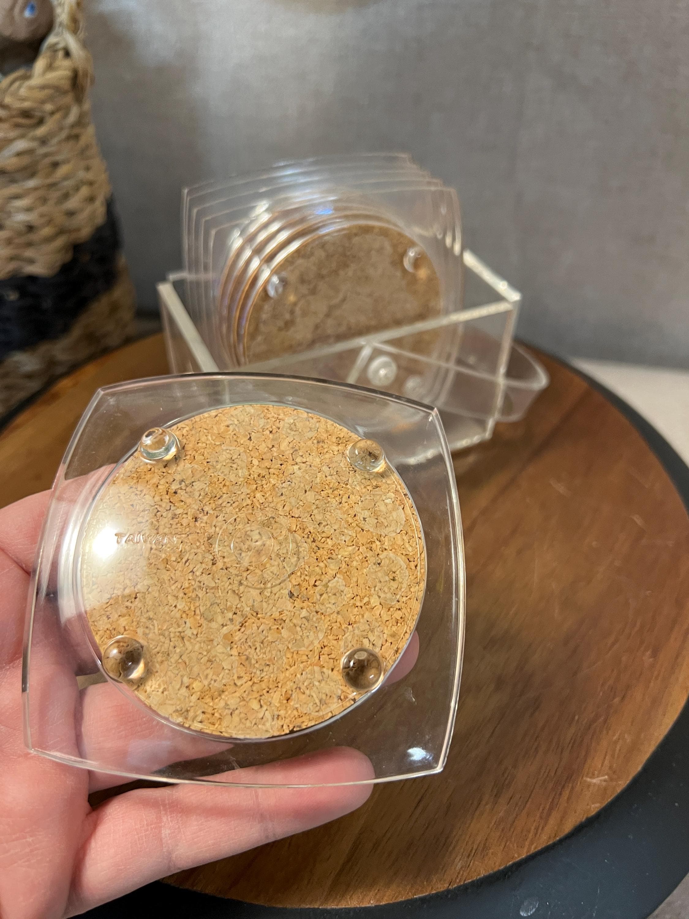 Vintage Mid Century Clear Lucite Coasters with Cork  & Caddy~Set of 6 Coasters