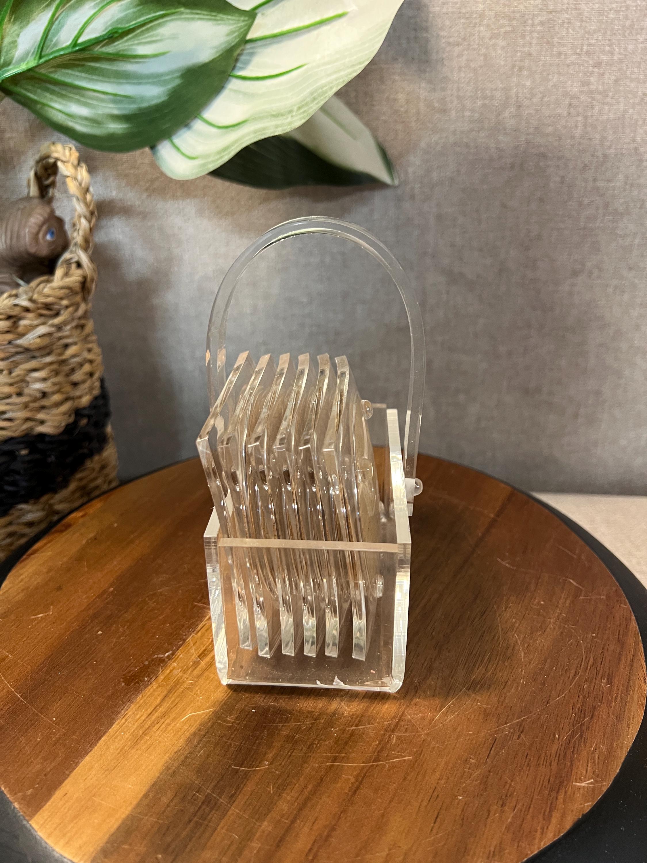 Vintage Mid Century Clear Lucite Coasters with Cork  & Caddy~Set of 6 Coasters