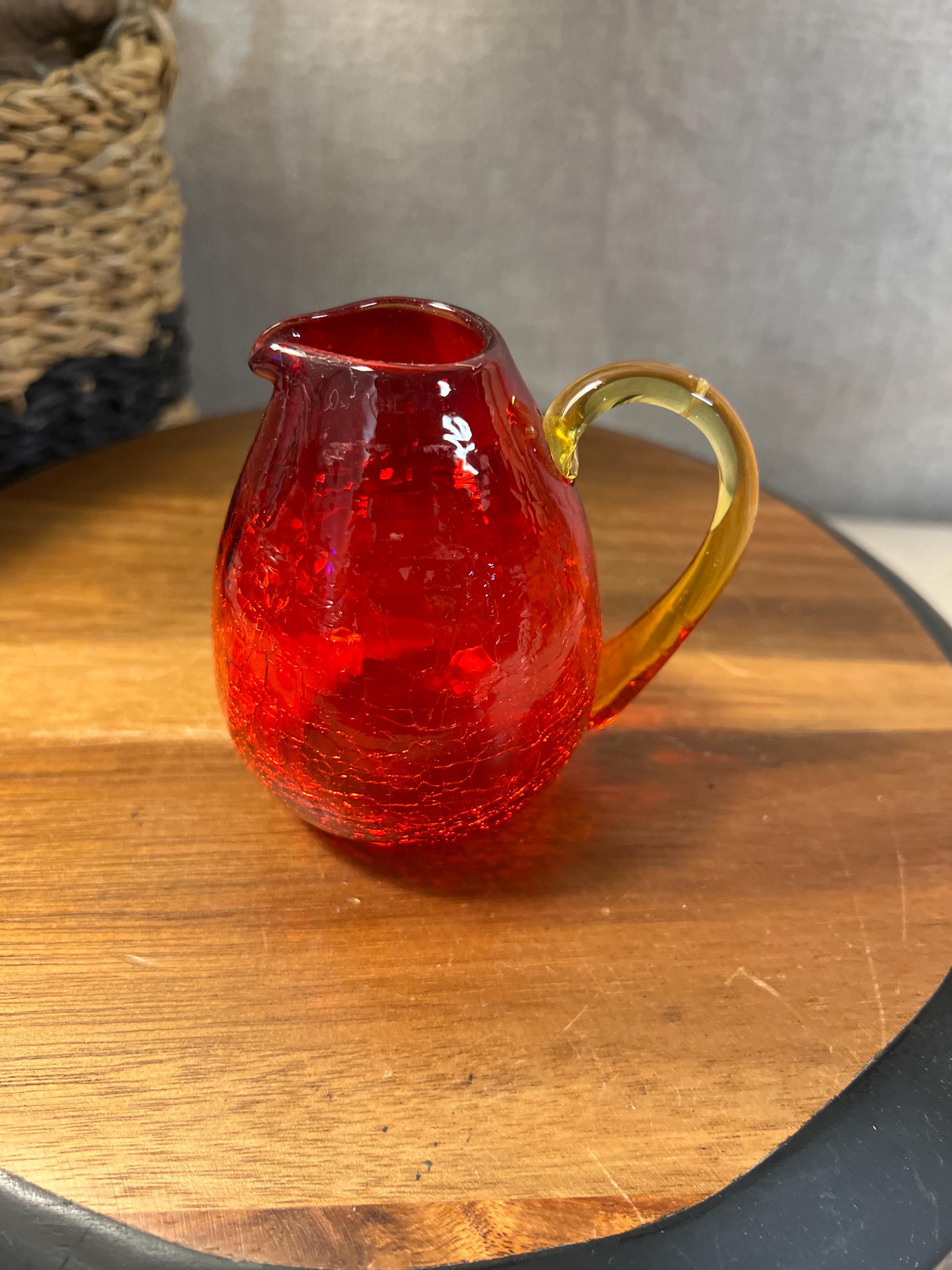 Amberina Crackle Glass Pitcher — Glows Under UV Blacklight