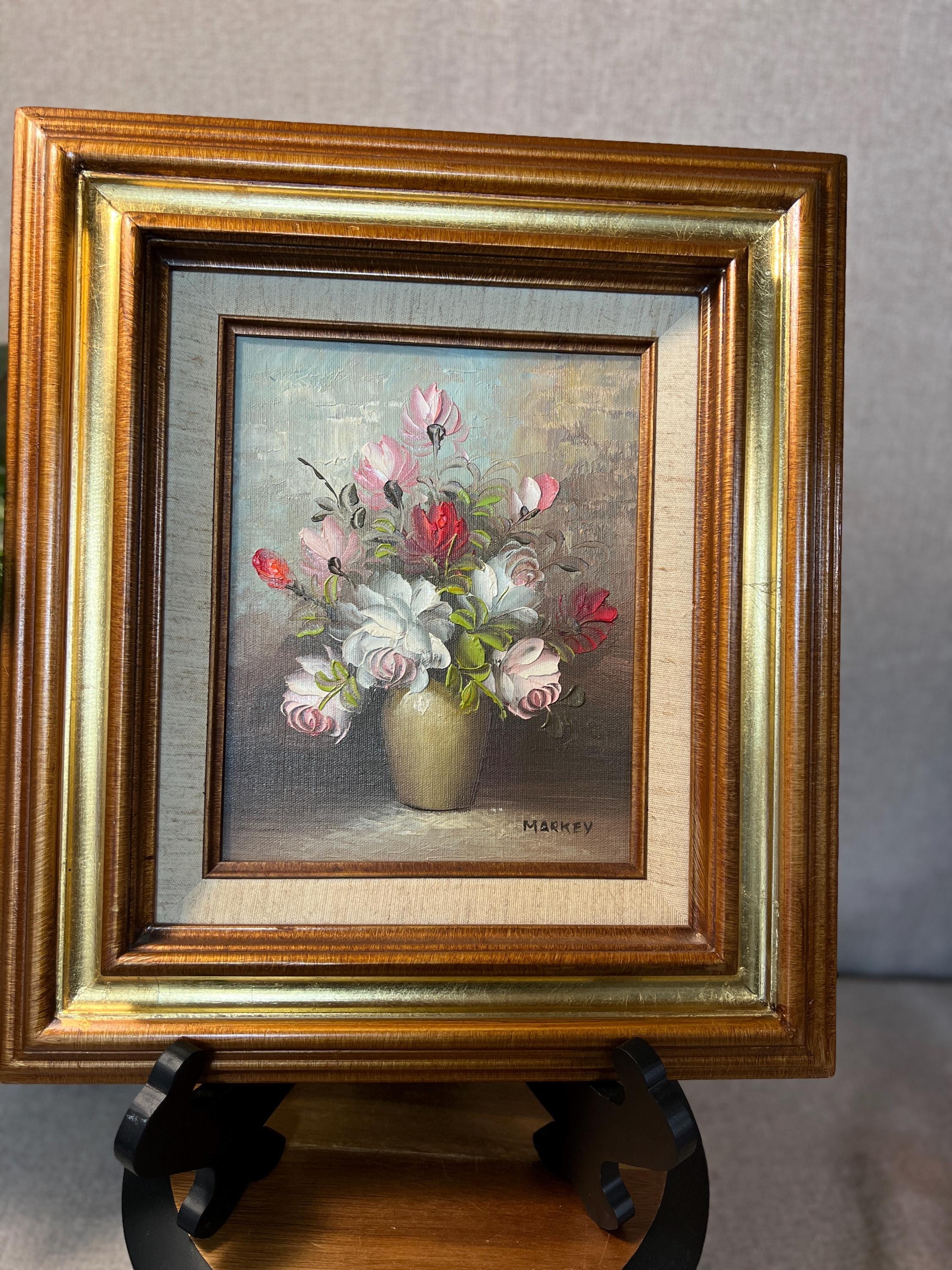 Vintage FRAMED SIGNED PINK and Red Flowers Iin Gold Tone Frame 15x17