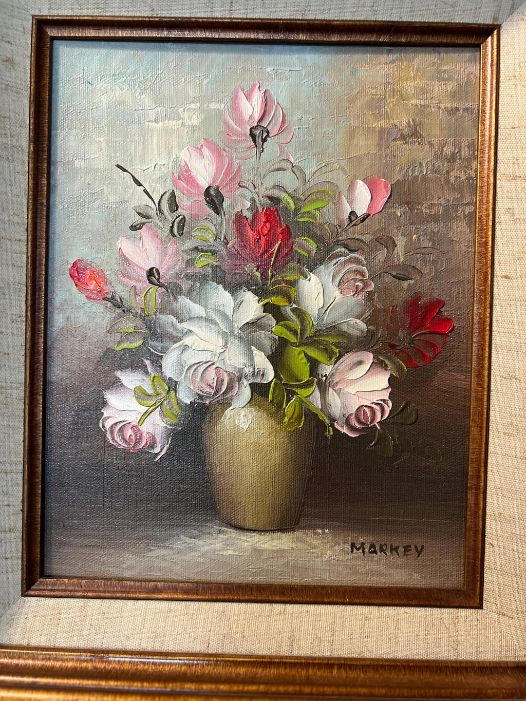 Vintage FRAMED SIGNED PINK and Red Flowers Iin Gold Tone Frame 15x17