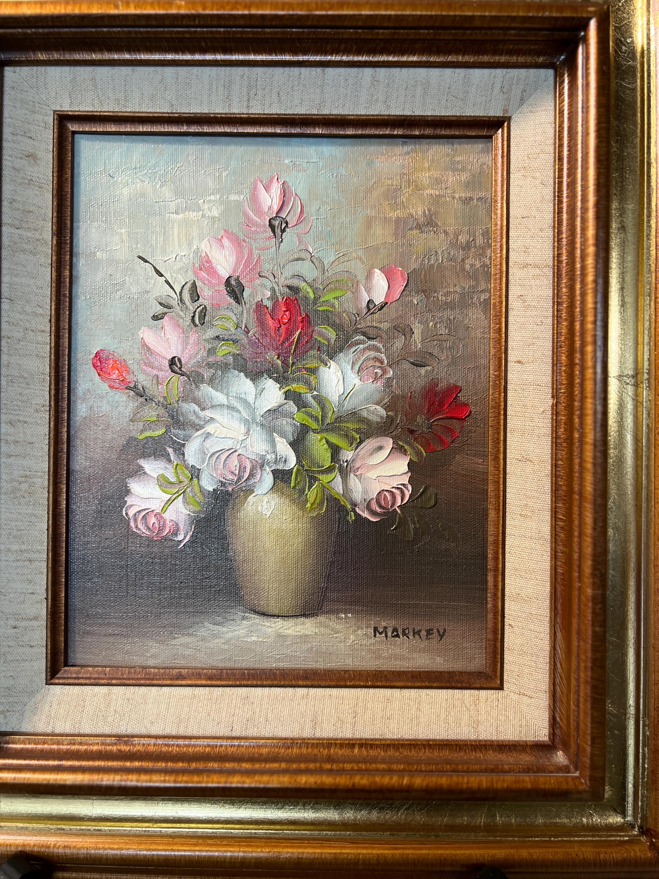 Vintage FRAMED SIGNED PINK and Red Flowers Iin Gold Tone Frame 15x17