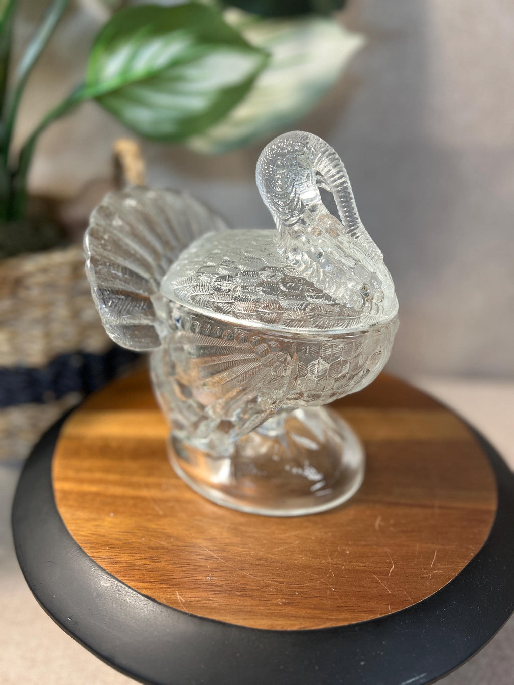 Vintage LE Smith Clear Glass Turkey Covered Candy Dish Bowl Thanksgiving 7.5H