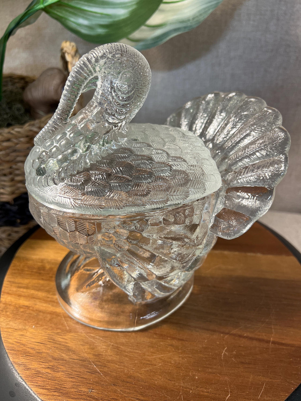 Vintage LE Smith Clear Glass Turkey Covered Candy Dish Bowl Thanksgiving 7.5H