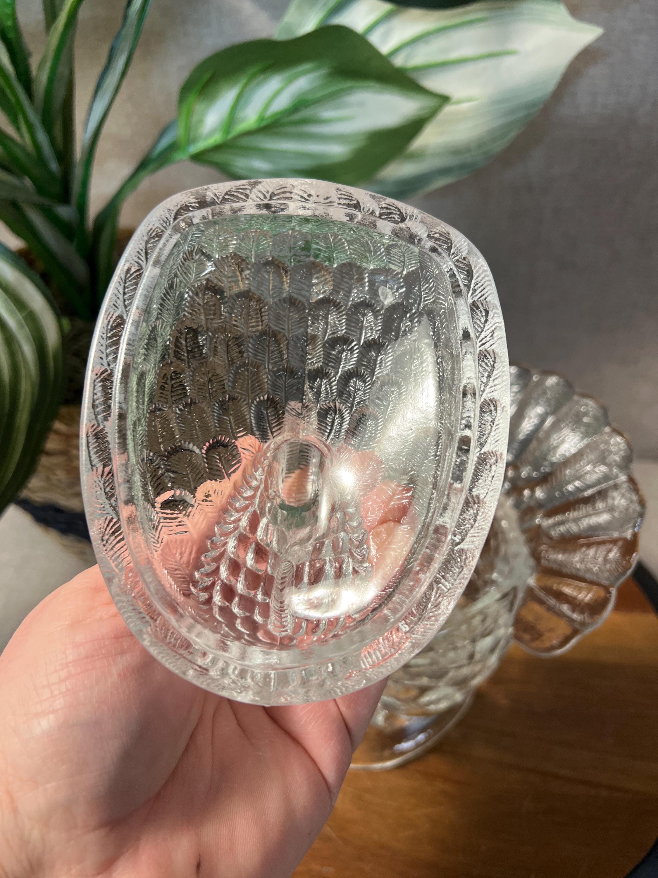Vintage LE Smith Clear Glass Turkey Covered Candy Dish Bowl Thanksgiving 7.5H