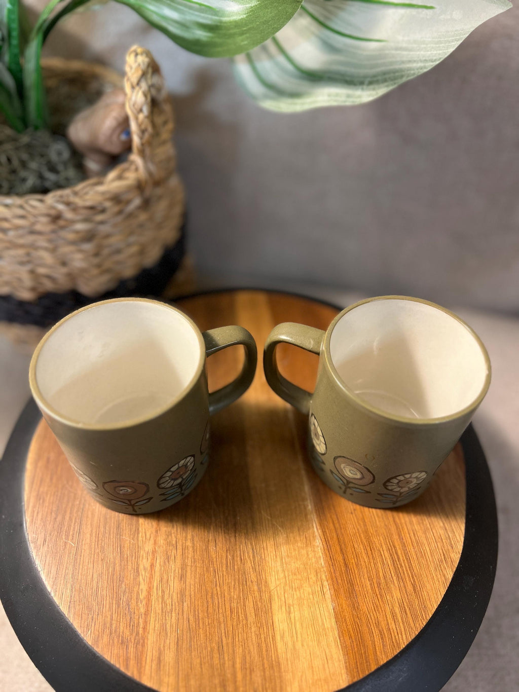 Pottery Mug Green Flowers Orange Green Set of 2