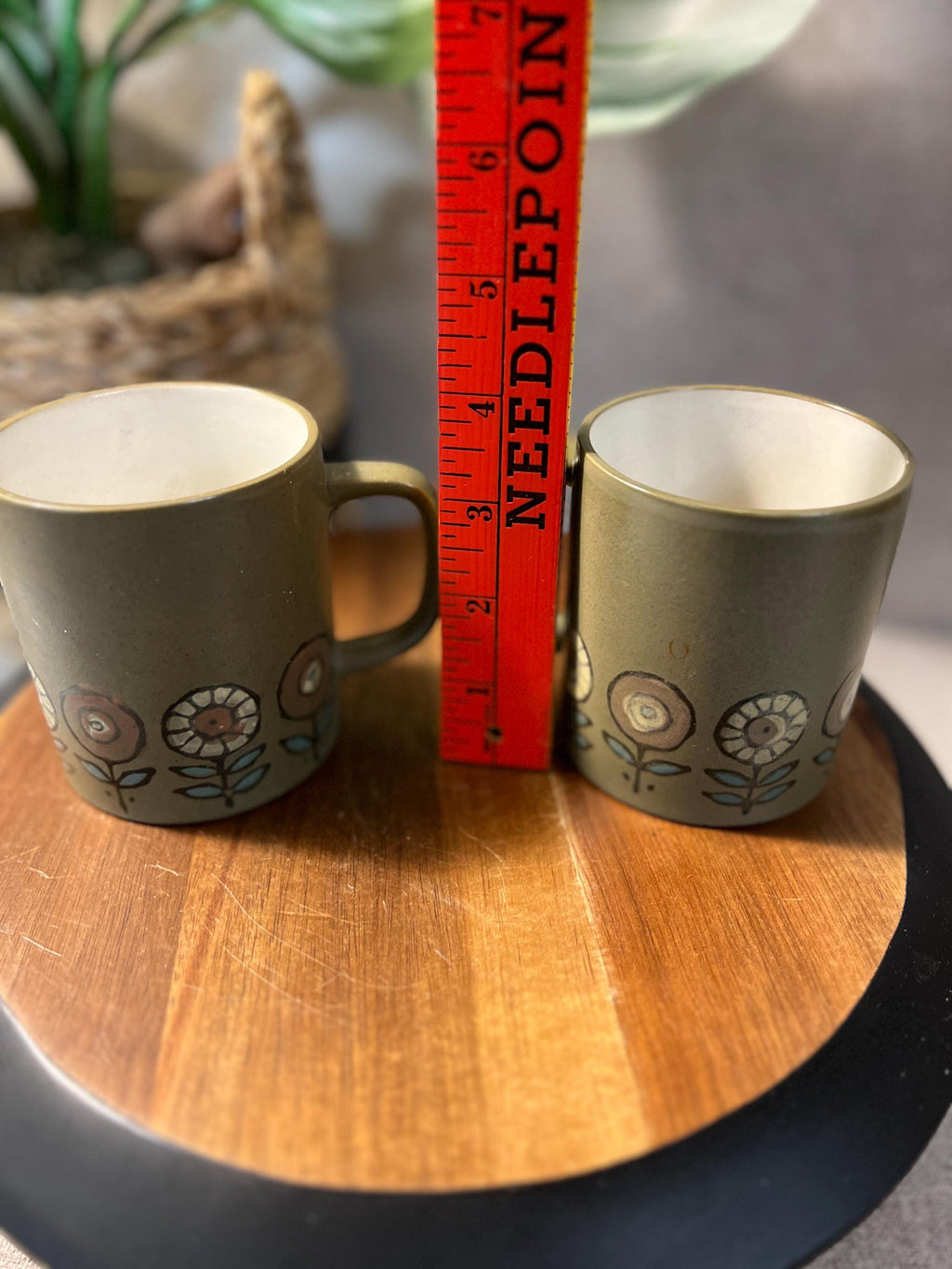 Pottery Mug Green Flowers Orange Green Set of 2