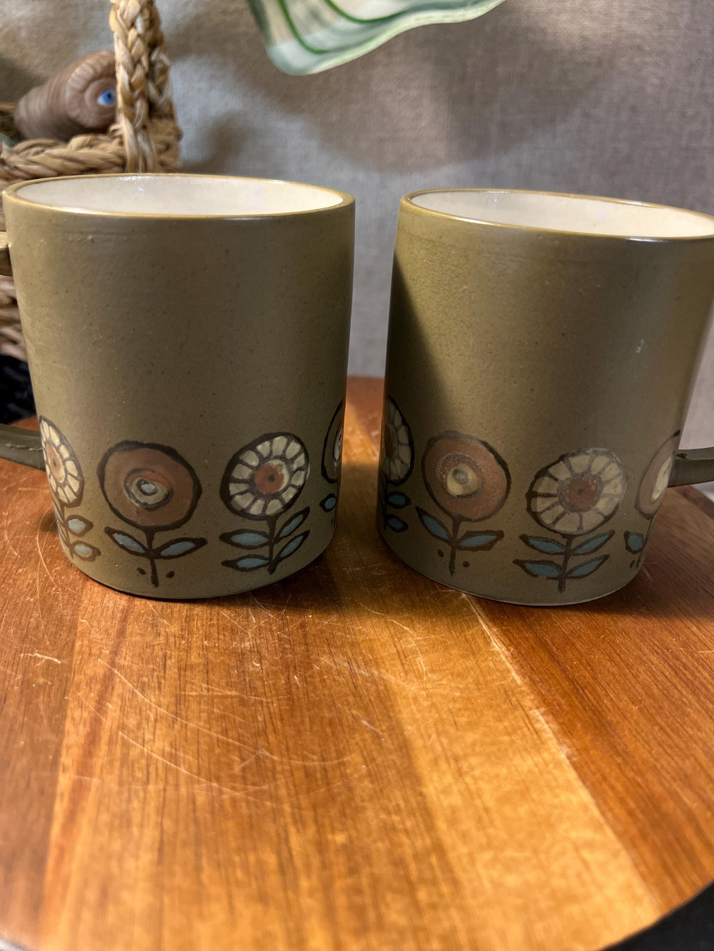 Pottery Mug Green Flowers Orange Green Set of 2
