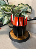 Vintage Retro 70s Japan Orange Enamel Aluminum Fondue Pot 6 Forks