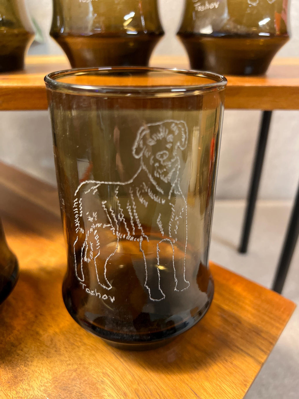 Smoke Brown VTG Libby Glasses With Etched Wolf Hound on all