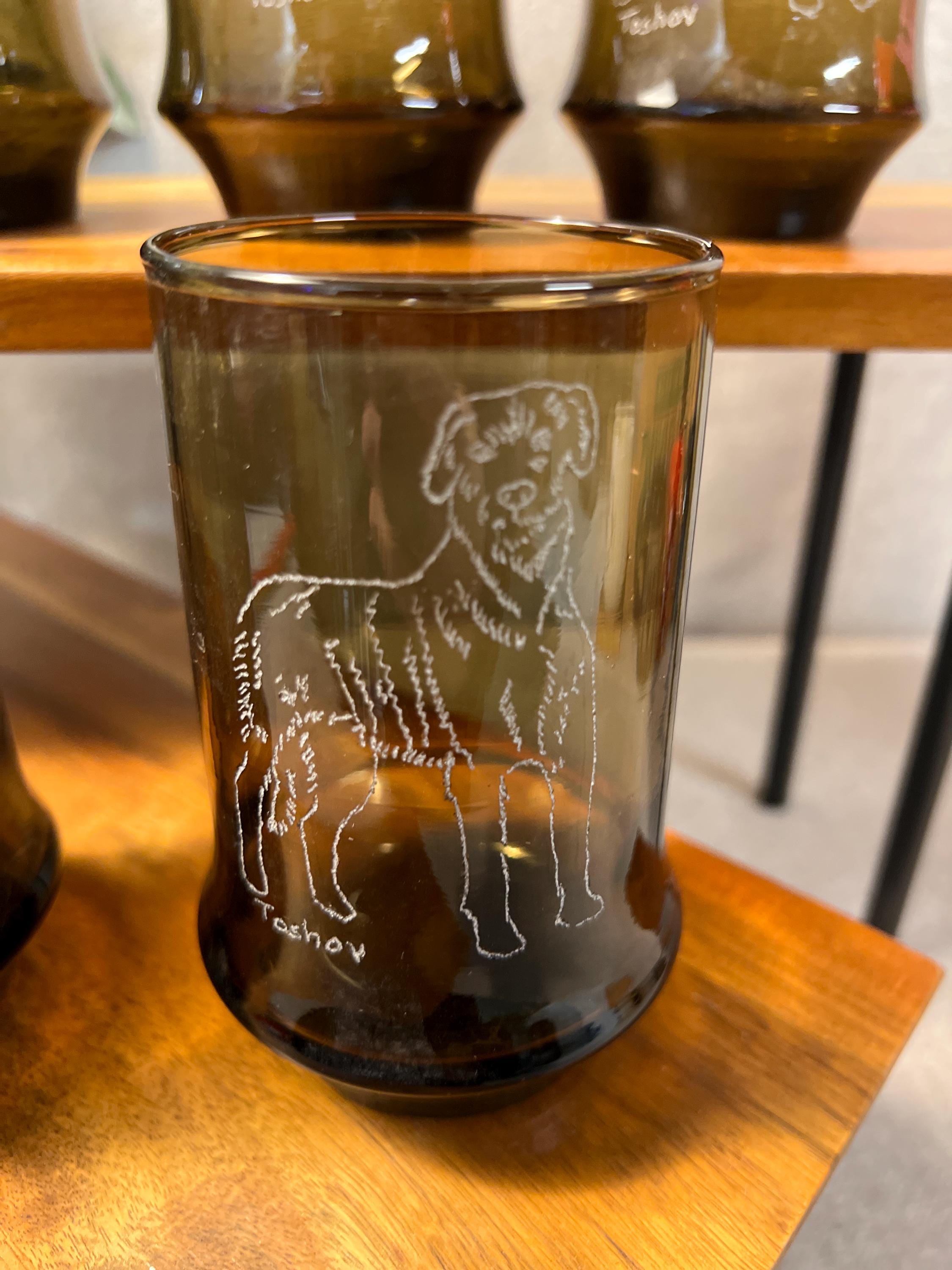 Smoke Brown VTG Libby Glasses With Etched Wolf Hound on all