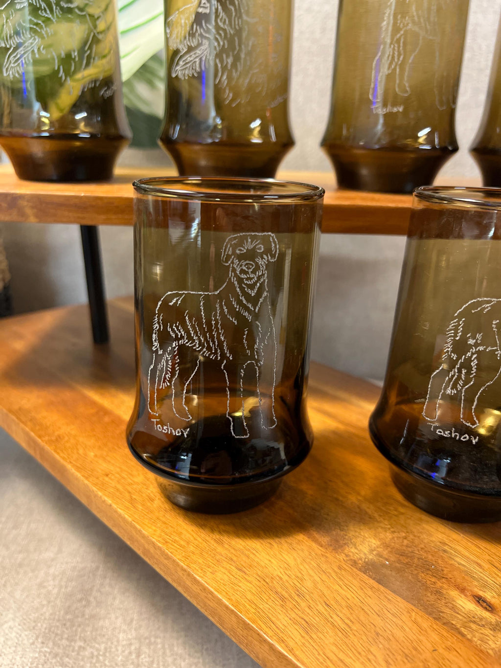 Smoke Brown VTG Libby Glasses With Etched Wolf Hound on all