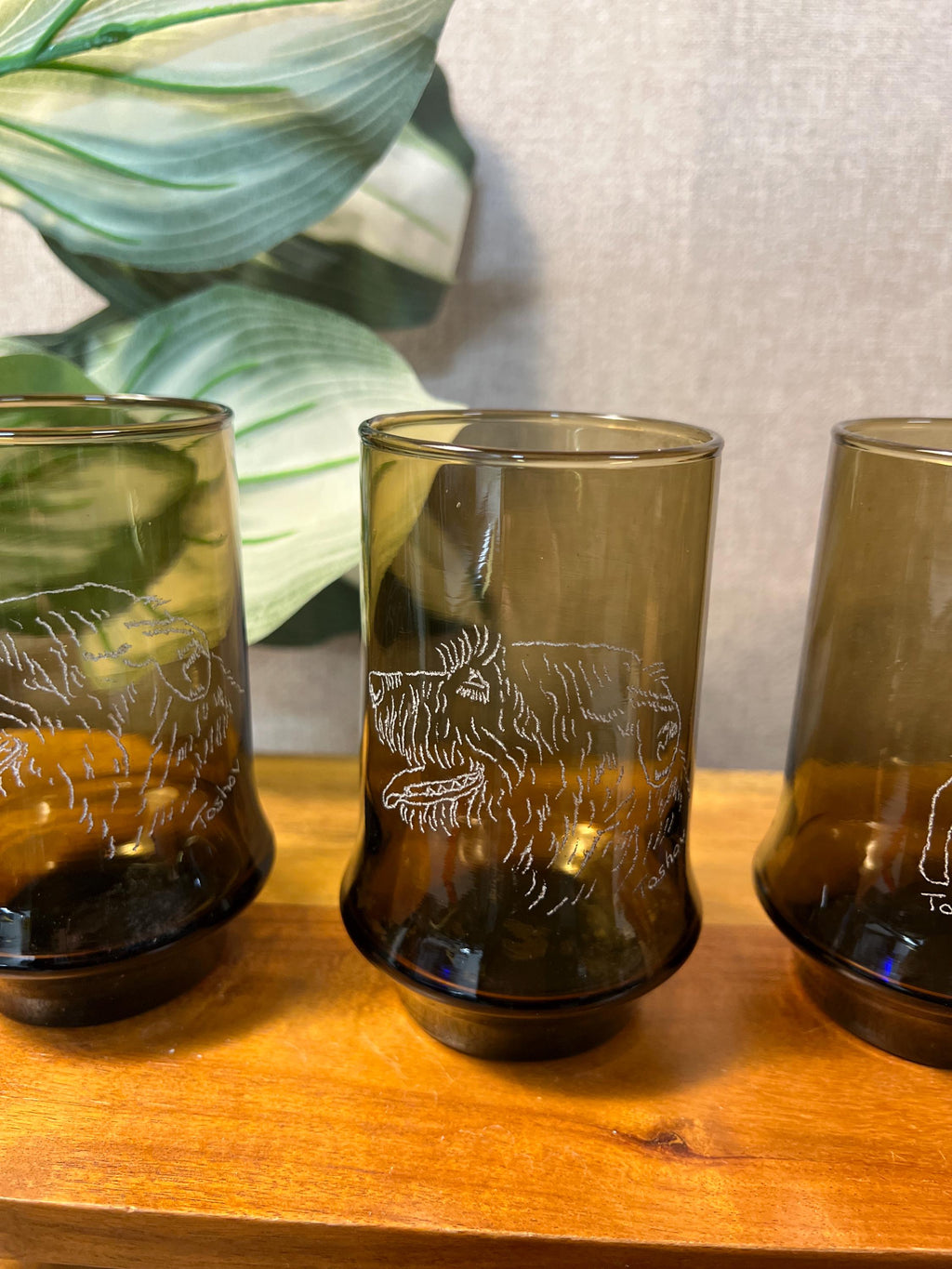 Smoke Brown VTG Libby Glasses With Etched Wolf Hound on all