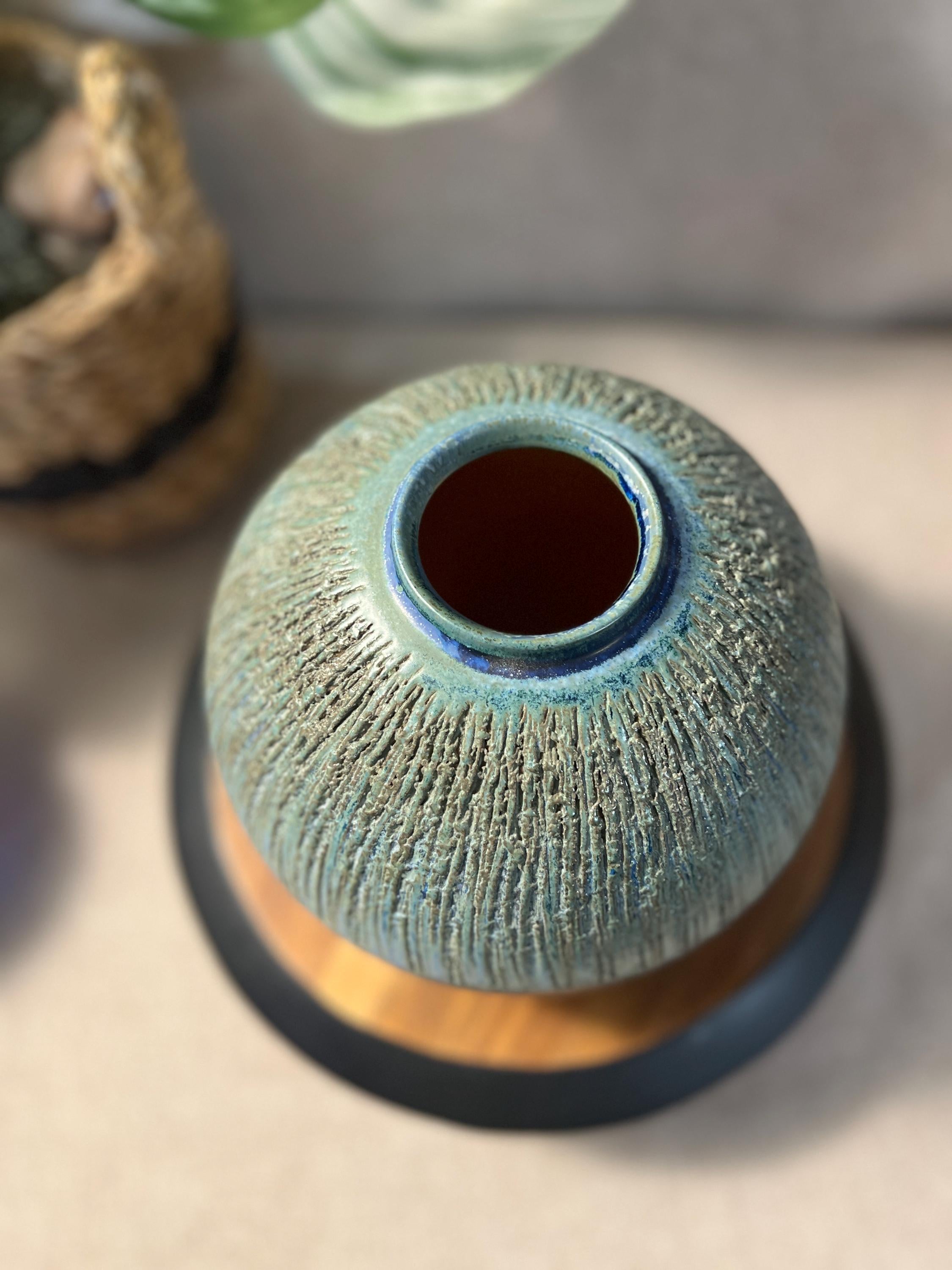 Mid Century Ikebana Vase Pottery TOYO Blue peachy pink Textured Modernist Vintage Japan