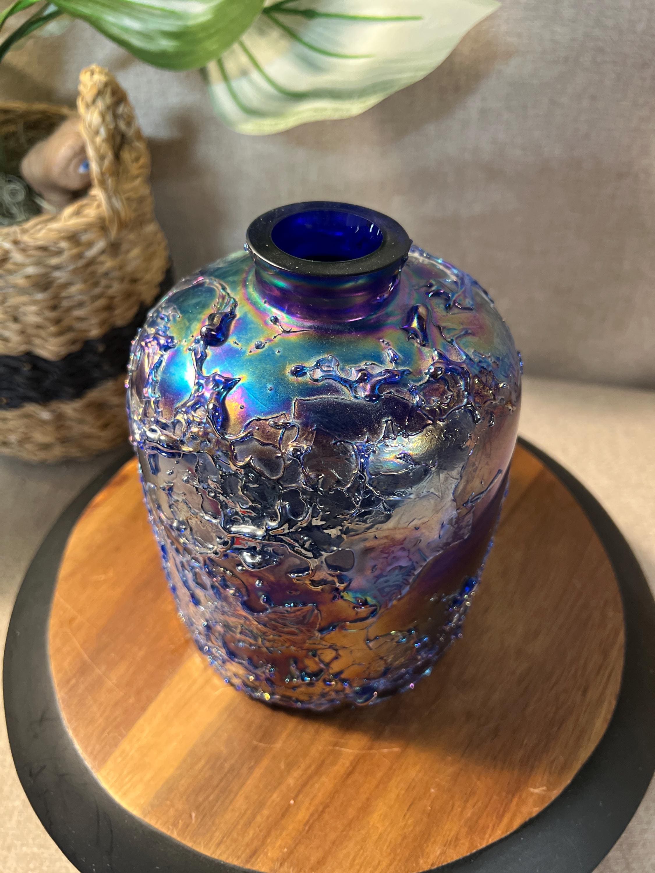 Vintage Irradescent Blue and Purple Raku Fired Glass Vase by Toyo Made In Taiwan